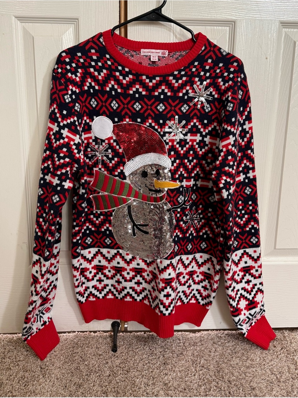 You Look Ugly Today Snowman Sequin Ugly Christmas Sweater Small